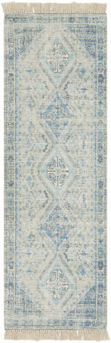 Hand woven Galgate Area Rug in aqua, teal, and white with farmhouse diamond pattern and fringe. Design-Runner-268