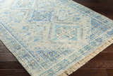 Close-up of the Galgate Area Rug. Aqua, teal, and white farmhouse style rug with a traditional, hand-woven design and fringe. Corner