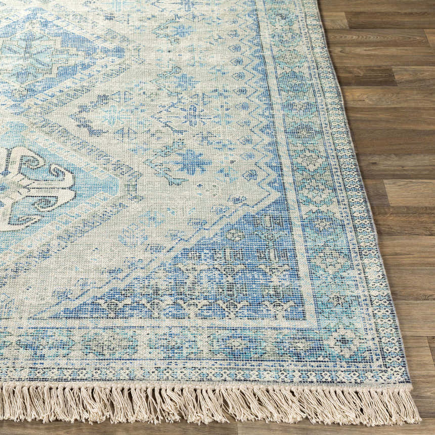 Close-up of the hand-woven Galgate Area Rug. Aqua, teal, and white farmhouse design with traditional patterns and fringe detail. Front