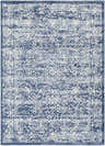 Close-up of the Galloway Area Rug. Cream and dark blue traditional pattern. Machine woven polypropylene rug. Design-Rectangle-537