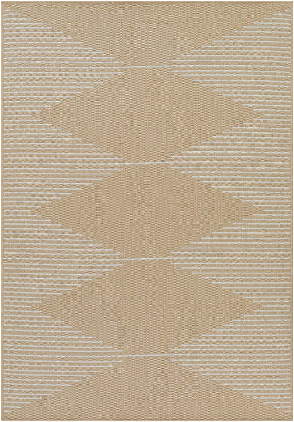 Close-up of the Galston Outdoor Rug. Beige rug with a peach hue and a geometric, horizontal stripe pattern. Design-Rectangle-537