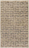 Close-up of the Gambell Area Carpet. Hand-knotted rug in ice blue, pale blue, and taupe with a contemporary geometric pattern. Design-Rectangle-58