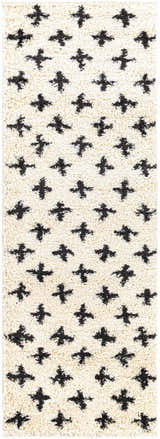 Close-up of a Gambo Area Rug. Cream shag rug with a black cross pattern. Contemporary, Moroccan style. Design-Runner-2773