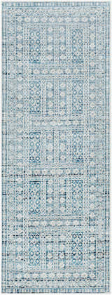 Close-up of the Gandy Washable Area Rug. Contemporary design in blue, cream, and ink blue. Machine woven polyester rug. Design-Runner-2773