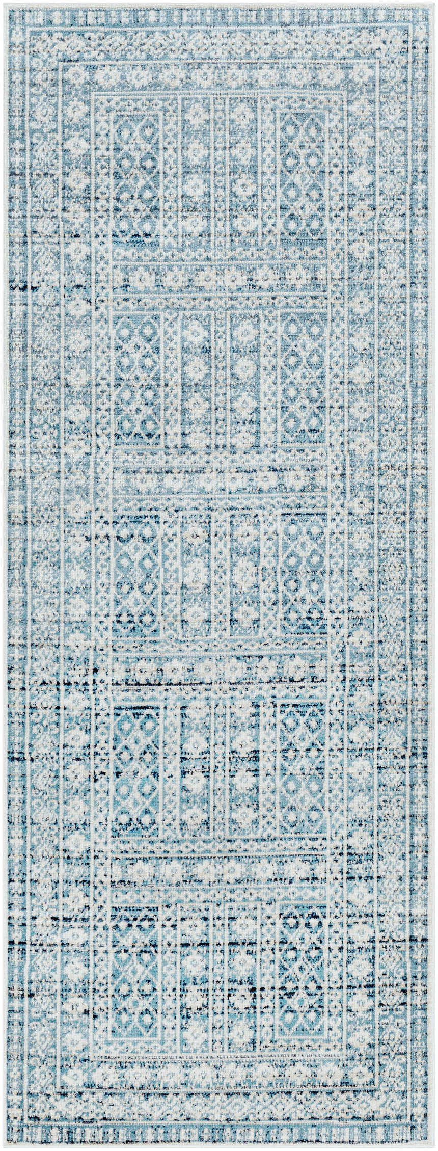 Close-up of the Gandy Washable Area Rug. Contemporary design in blue, cream, and ink blue. Machine woven polyester rug. Design-Runner-2773