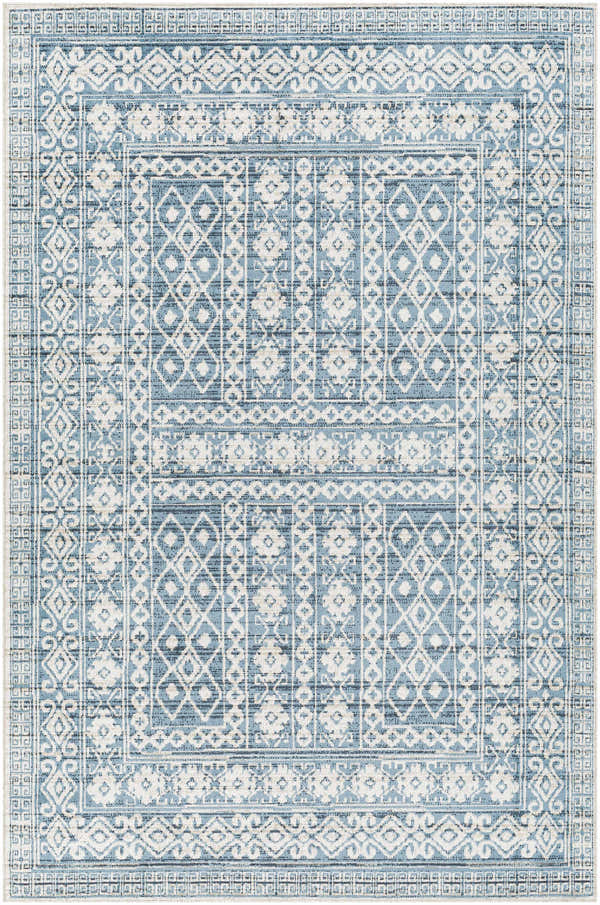 Close-up of Gandy Washable Area Rug in blue and cream, featuring a contemporary geometric pattern and farmhouse style. Design-Rectangle-537