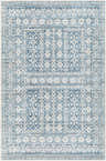 Close-up of Gandy Washable Area Rug in blue and cream, featuring a contemporary geometric pattern and farmhouse style. Design-Rectangle-537