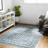 Bright living room scene with blue and cream Gandy Washable Area Rug, white shelving, potted plant, and gray armchair. Roomscene-Rectangle