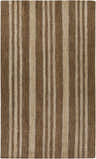 Close-up of Gantt Jute Rug. Hand-woven rug with vertical stripes in dark brown and taupe. Farmhouse style, natural jute texture. Design-Rectangle-58