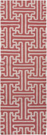 Close-up of Garnavillo Area Rug. Hand-woven wool rug in beige and rose with a geometric, maze-like pattern. Design-Runner-268