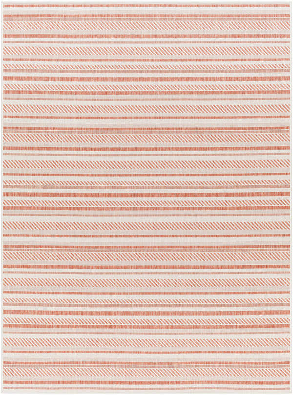 Close up of the Garan Area Rug. Beige rug with terracotta stripes, farmhouse style. Design-Rectangle-5377