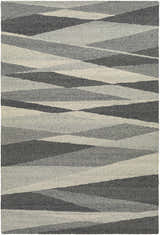 Close-up of the Garlands Area Rug. Hand-tufted wool rug in black, charcoal, gray, and light gray with a contemporary, geometric pattern. Design-Rectangle-913