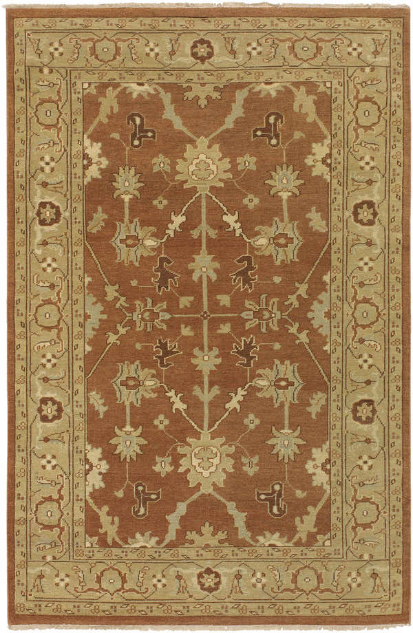 Close-up of the Gatzke Area Rug. Hand-knotted wool rug in camel, dark brown, off-white, and tan with a traditional floral pattern. Design-Rectangle-5686