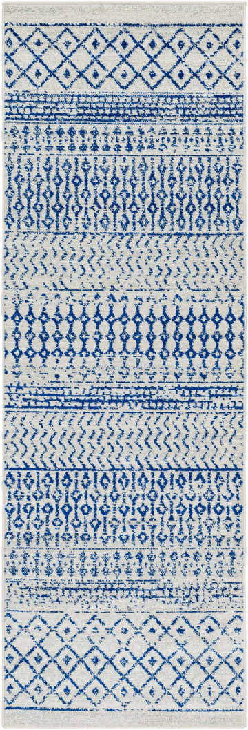 Close-up of the Gaura Area Rug featuring a farmhouse-style blue and white geometric pattern. Design-Runner-2776