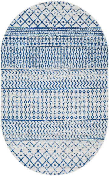 Close-up of the oval Gaura Area Rug featuring a geometric pattern in harbor blue and white. Design-Oval-58