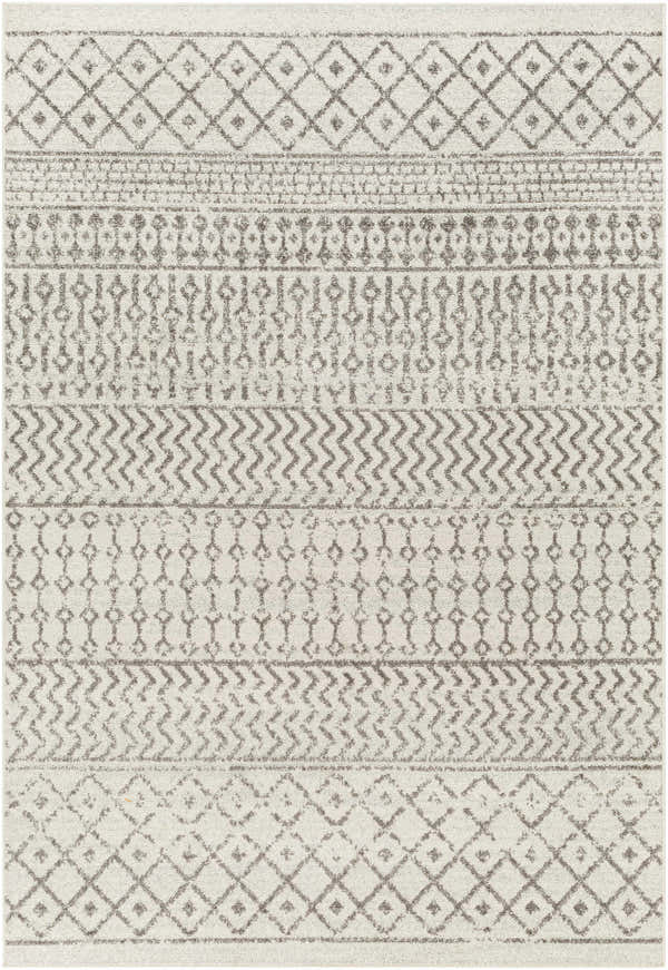Close-up of the Genji Area Rug showcasing its gray geometric diamond, chevron, and linear patterns on a light background. Design-Rectangle-5376