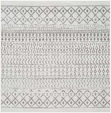 Close-up of the Genji Area Rug showing a gray geometric pattern on a light gray, textured polypropylene weave. Design-Square-65