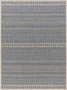 Close-up of the Madras Ink All Over Performance Rug. Features a geometric, striped pattern in ink blue and natural gray. Design-Rectangle-5377
