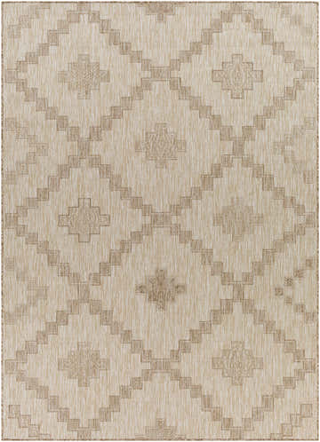 Close-up of Gerede Indoor Outdoor Rug. Contemporary diamond pattern in off white, tan, and taupe. Design-Rectangle-537
