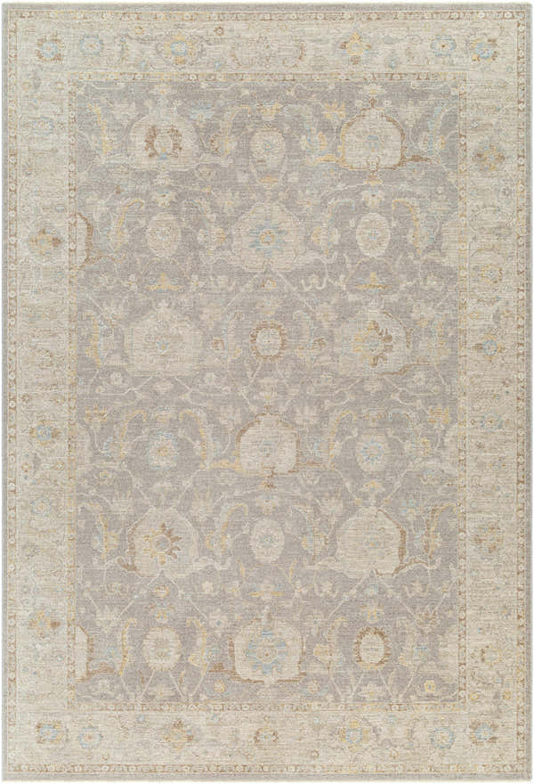 Close-up of the Giang Thick Luxe Area Rug in beige and gray, featuring a traditional floral pattern and subtle texture. Design-Rectangle-6796