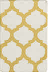 Close-up of the Gilroy Wool Area Rug; light beige wool with a mustard quatrefoil pattern. Hand woven texture. Design-Rectangle-23