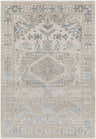 Close-up of the Girikbedro Area Carpet. Features a traditional pattern in cream, gray, beige, taupe, and teal. Design-Rectangle-5373