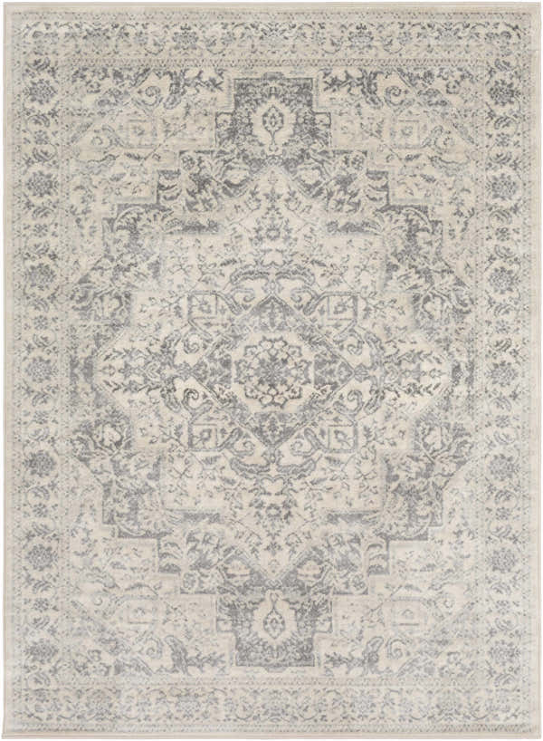 Close-up of the Guildhall Area Rug, a machine-woven rug with a traditional gray and ivory oriental pattern. Design-Rectangle-5373