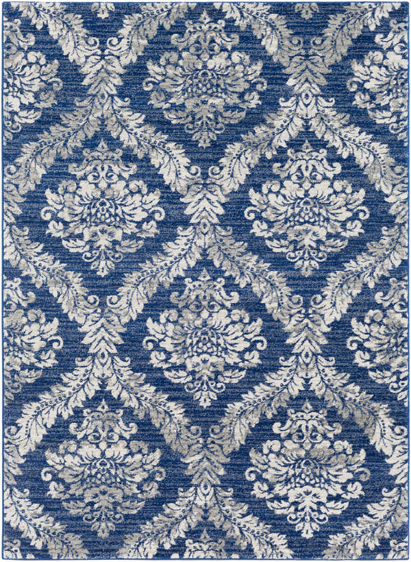 Close-up of the Gleed Area Rug, featuring a traditional damask pattern in navy, light beige, and medium gray. Design-Rectangle-5373