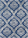 Close-up of the Gleed Area Rug, featuring a traditional damask pattern in navy, light beige, and medium gray. Design-Rectangle-5373