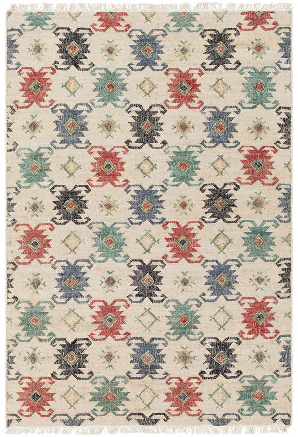 Glenmont Jute Rug close-up showing hand woven texture and contemporary pattern in black, ivory, navy, rust, tan, and teal. Design-Rectangle-576