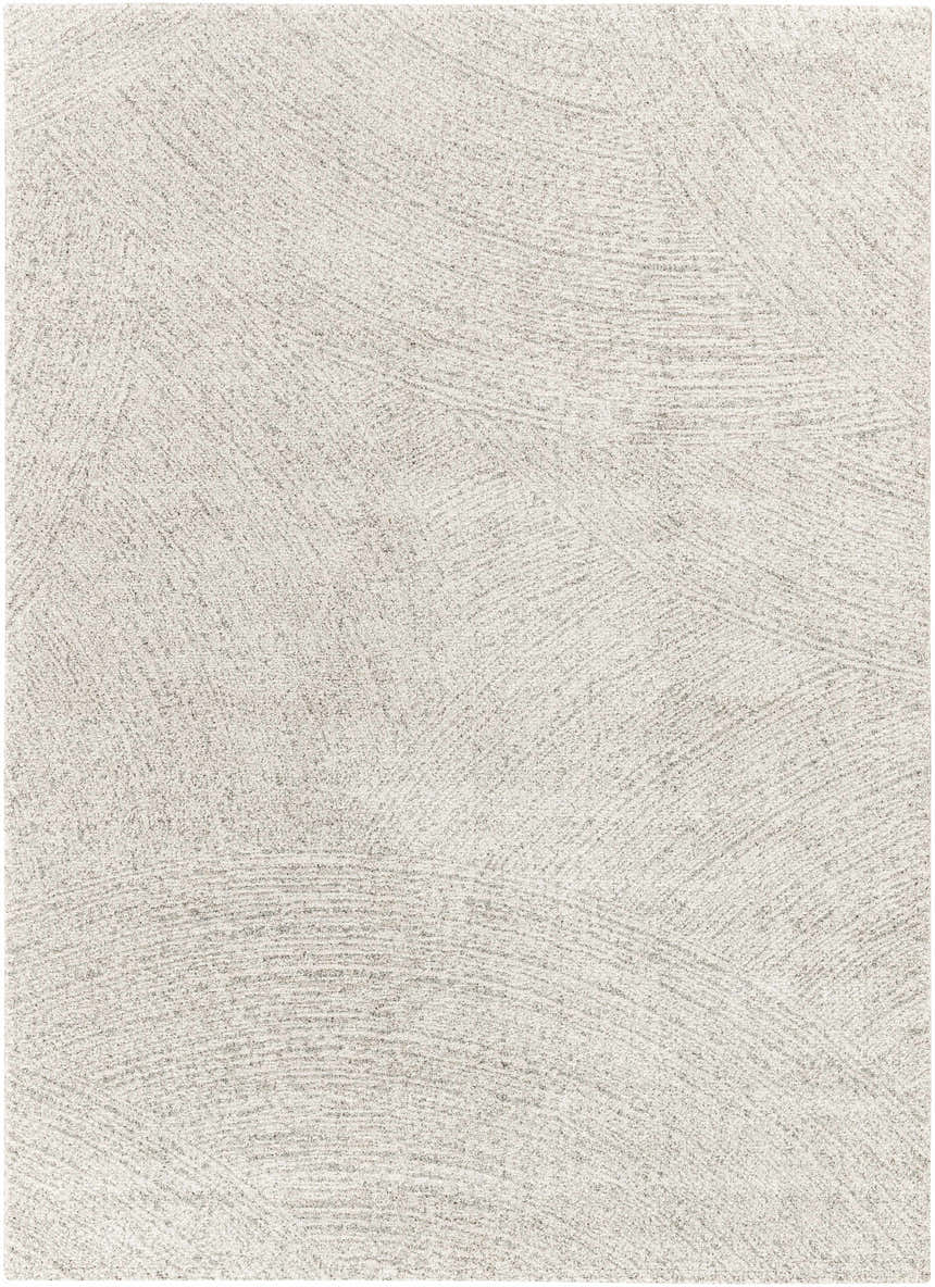 Close-up of the Eaglehawk Luxe Rug. Features a textured, contemporary design in charcoal, cream, light beige, and light gray. Design-Rectangle-5373