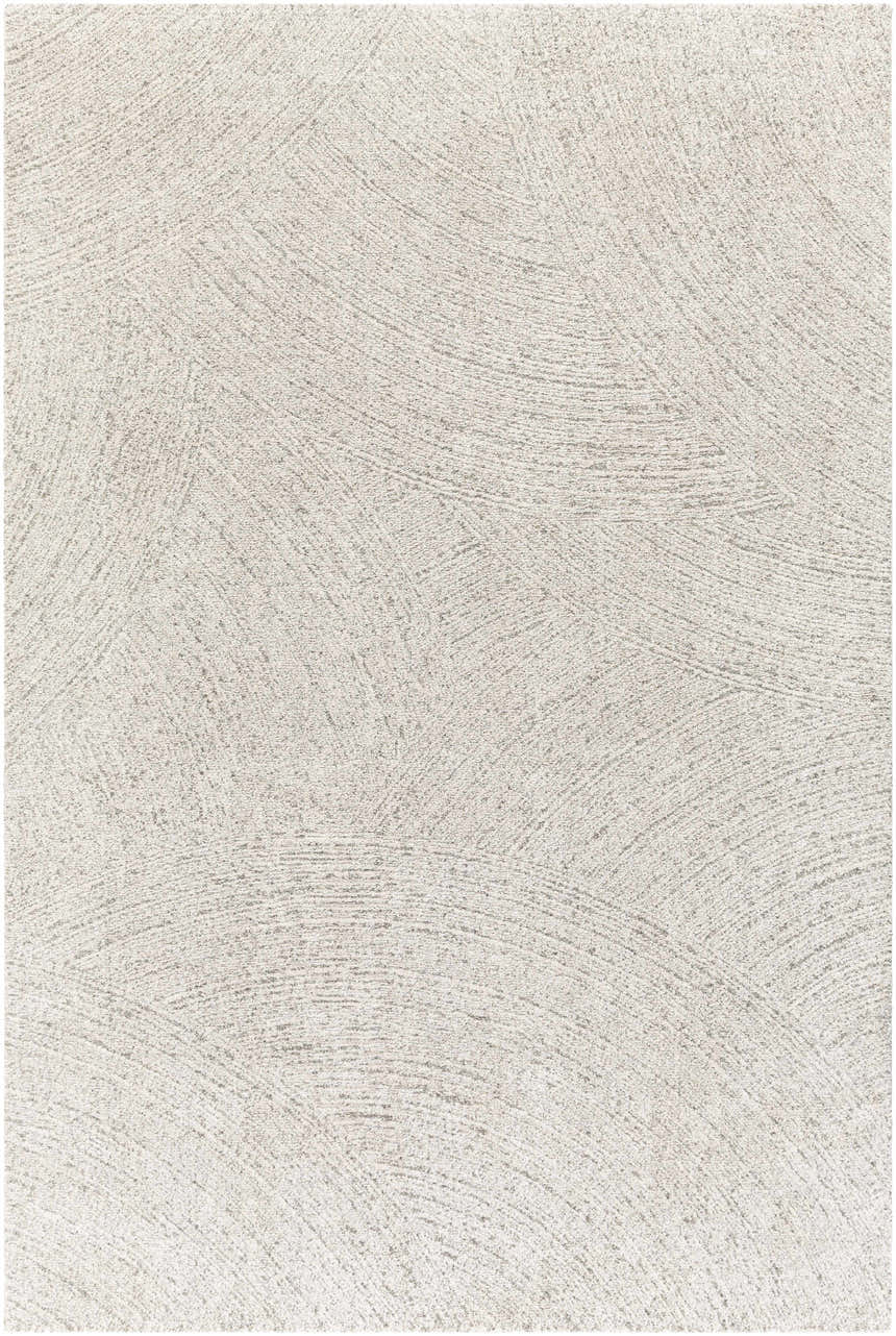 Close-up of the Eaglehawk Luxe Rug. Machine-woven rug in charcoal, cream, light beige, and light gray. Contemporary style. Design-Rectangle-6796