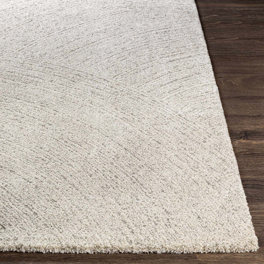 Close-up of the Eaglehawk Luxe Rug, showing a textured cream and light gray pattern on dark wood flooring. Front