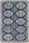 Close-up of the Glenoma Blue Regency Wool Rug, featuring a detailed beige pattern on a navy background and a decorative border. Design-Rectangle-576