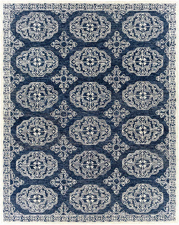 Close up of the Glenoma Blue Regency Wool Rug featuring a geometric pattern and a beige border. Design-Rectangle-810