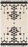 Close-up of Glenorie Area Rug. Cream wool rug with black geometric, bohemian design and fringe. Hand woven texture. Design-Rectangle-576