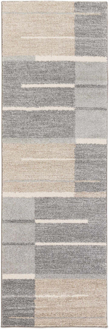 Close-up of the Glouster Taupe&Gray Lined Area Rug. Contemporary design with gray, taupe, and off-white geometric pattern. Design-Runner-268