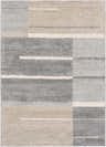 Close-up of Glouster Taupe&Gray Lined Area Rug. Contemporary design with gray, taupe, and off-white stripes and blocks. Design-Rectangle-576