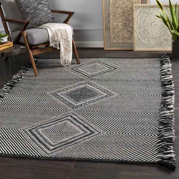 Eaglesham Black&White Flatweave Tassel Wool Rug - Clearance