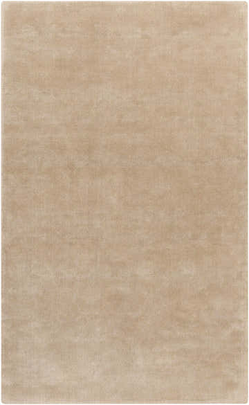 Close-up of the Galata Area Rug, a solid, hand-loomed rectangle rug in a soft beige hue, made of wool and viscose. Design-Rectangle