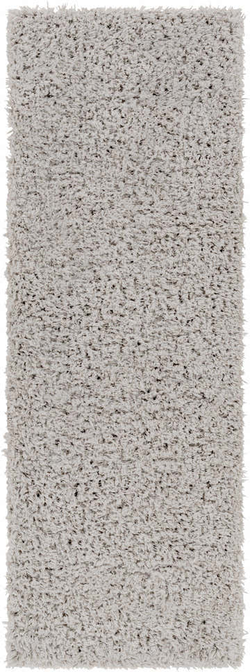 Close-up of the Siari Solid Medium Gray Shag Rug, showing its soft, textured polyester pile. Design-Runner-2773