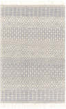 Close-up of the Gina Area Rug. Hand-woven geometric pattern in dark gray and light peach with fringe. Design-Rectangle-576