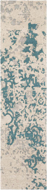 Close-up of the Sweeny Beige/Blue Abstract Area Rug, featuring a contemporary design with teal, slate, and ivory hues. Design-Runner-28