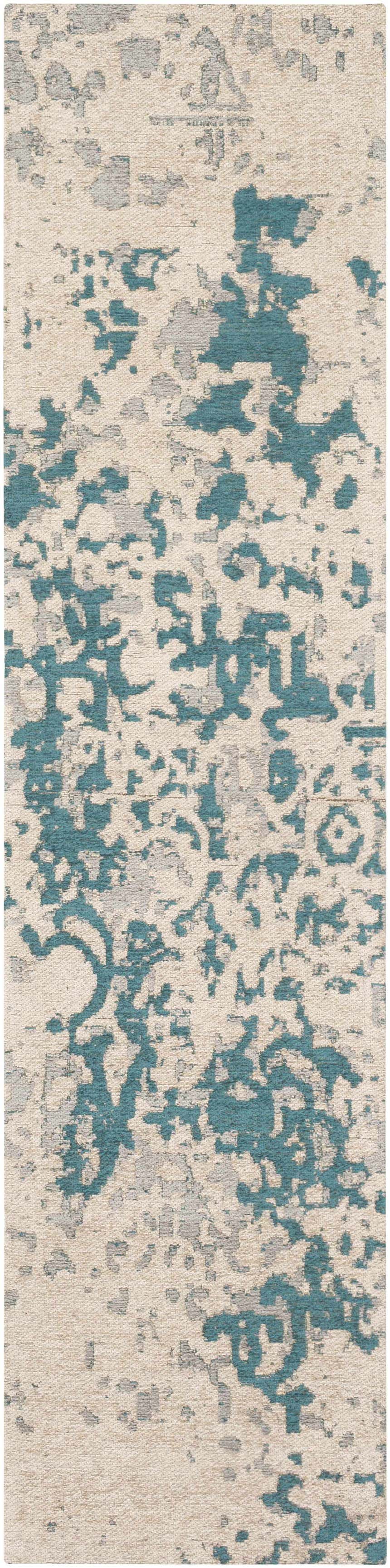 Close-up of the Sweeny Beige/Blue Abstract Area Rug, featuring a contemporary design with teal, slate, and ivory hues. Design-Runner-28