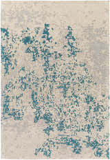 Close-up of the Sweeny Beige/Blue Abstract Area Rug. Contemporary design with teal, beige, and ivory hues. Hand woven polyester. Design-Rectangle-576