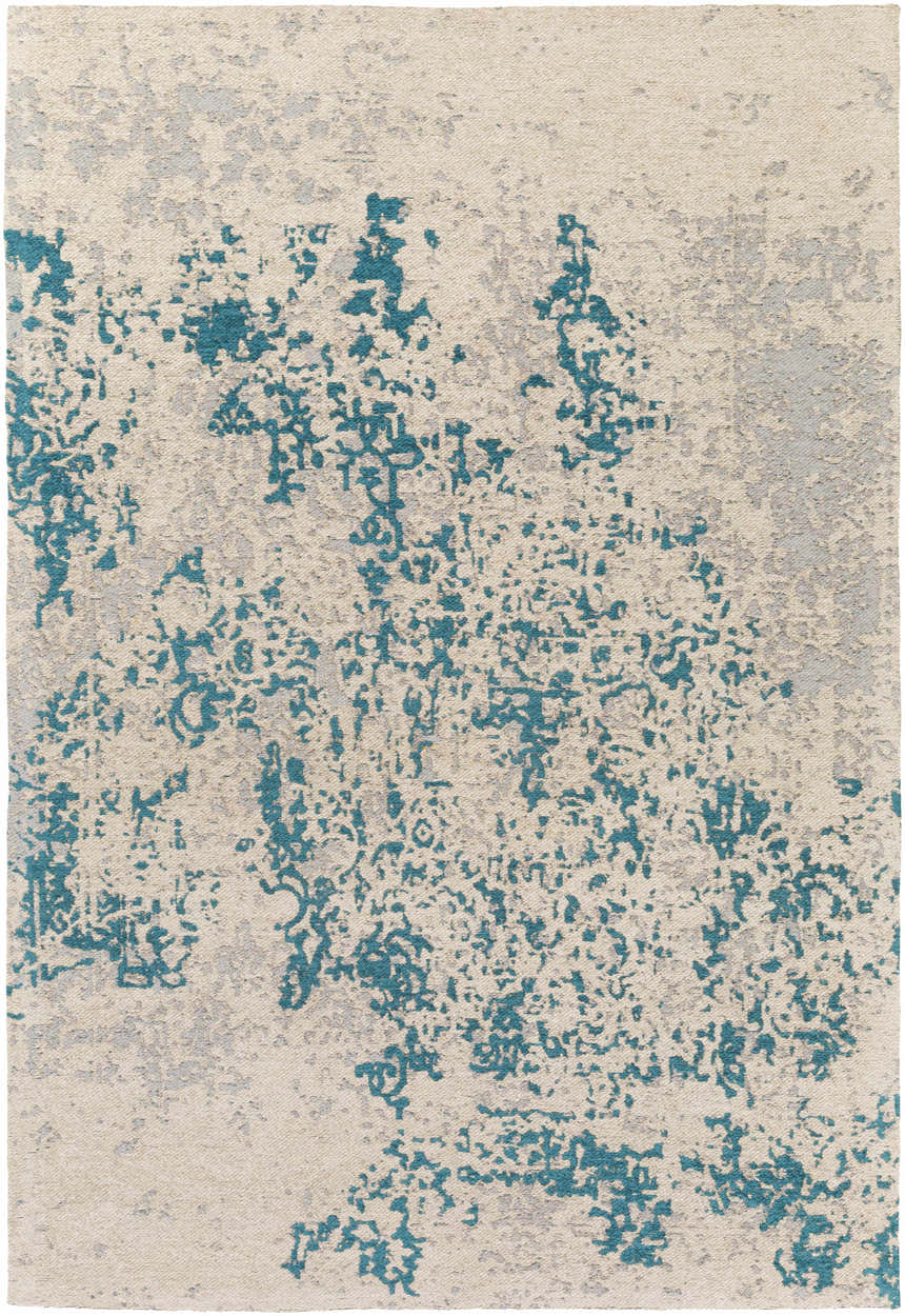 Close-up of the Sweeny Beige/Blue Abstract Area Rug. Contemporary design with teal, beige, and ivory hues. Hand woven polyester. Design-Rectangle-576