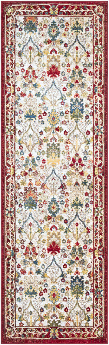 Close-up of the Neola White/Red Damask Area Rug. Features a traditional floral pattern with red border on a white background. Design-Runner-26710