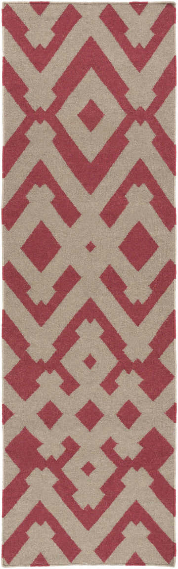 Close-up of the Goldsboro Area Carpet. Hand woven wool rug with a geometric diamond pattern in burgundy and taupe. Design-Runner-268