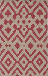 Close-up of the hand woven Goldsboro Area Carpet. Burgundy geometric pattern on a taupe 100% wool background. Design-Rectangle-58