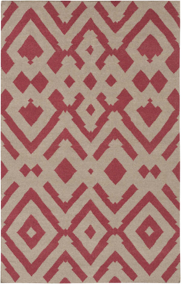Close-up of the hand woven Goldsboro Area Carpet. Burgundy geometric pattern on a taupe 100% wool background. Design-Rectangle-58